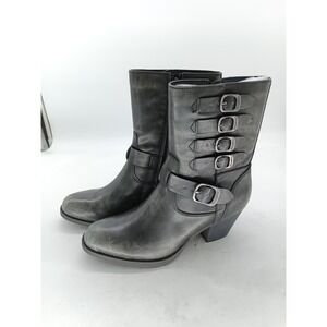 Frye & Co Torvi Boots Womens Sz 6 Black Biker Mid Calf Buckle Zip Block Heel #75